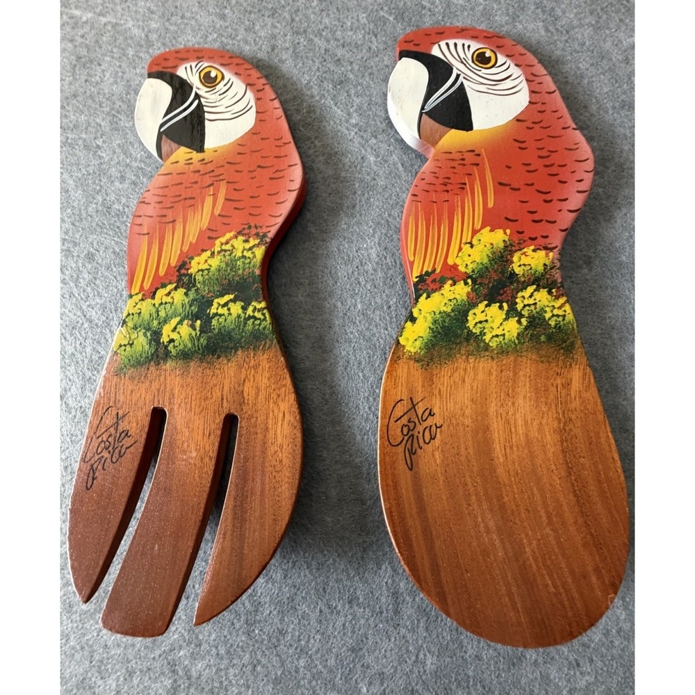 Vacation Tropical Forest Set of (2) Wooden Parrot Salad Servers/Decor Costa Rica